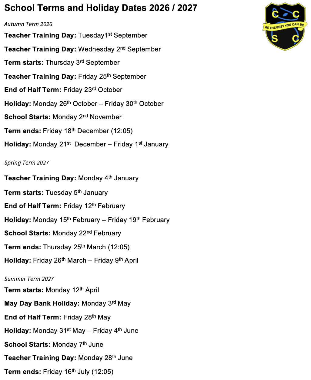 CVT 2025 2026 Term Dates